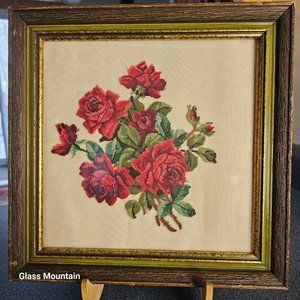 SOLD - Vintage Needlepoint Floral Roses 10X10 Framed Hanging Wall Artwork